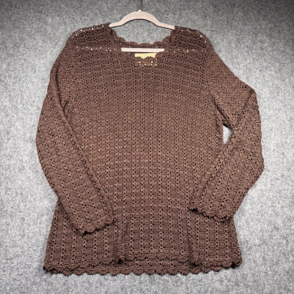 Double D Ranchwear Sweater Womens Medium Brown Crochet Knit V-Neck Scalloped Hem